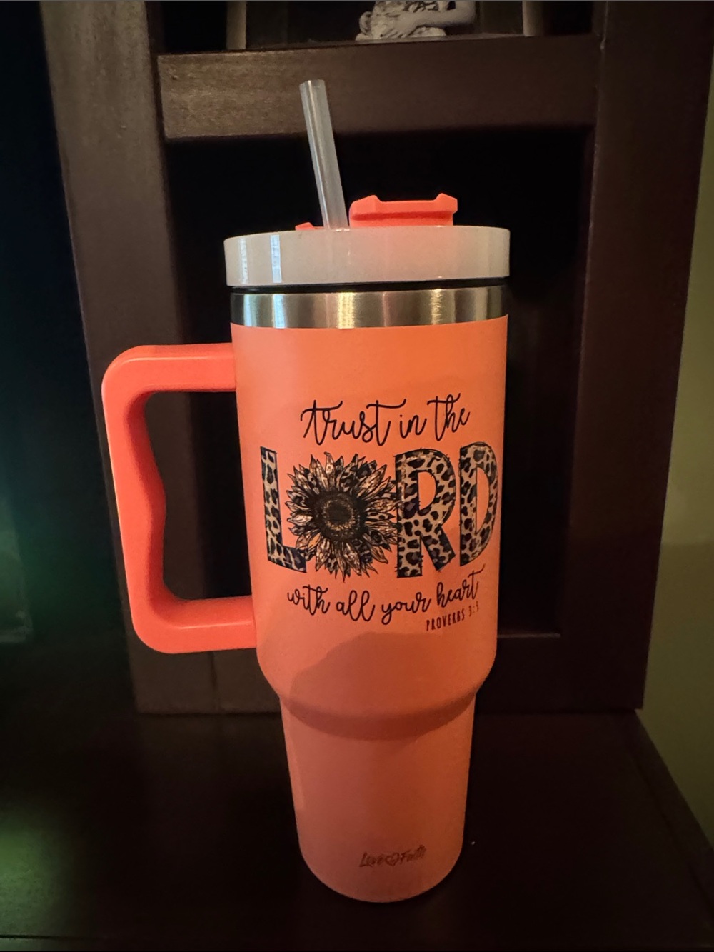 Coral Travel Tumbler with Handle - 'Trust in the Lord'